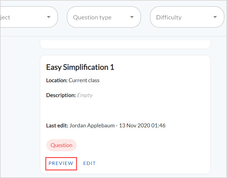 Preview button on the question pane in the Content Manager